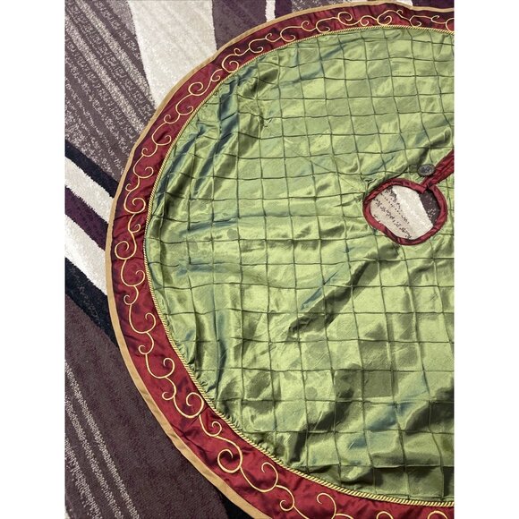 Burgundy Maroon Olive Green Gold Silk Accent Christmas Tree Skirt Approx 45” - Picture 3 of 9